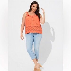 Nasturtium Eyelet Ruffle Tie Front Orange Coral Tank Top Sz 2
